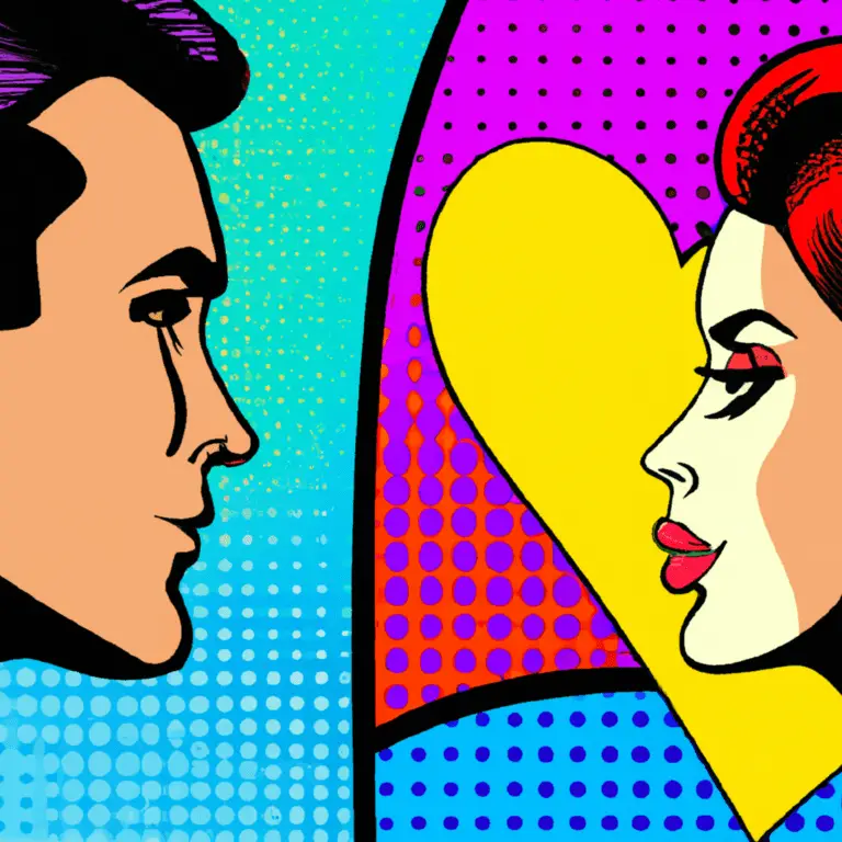 pop art love romance colorful 2d 60s retro dating couple "one image" logo man and woman faces cheerful hearts "back to back"