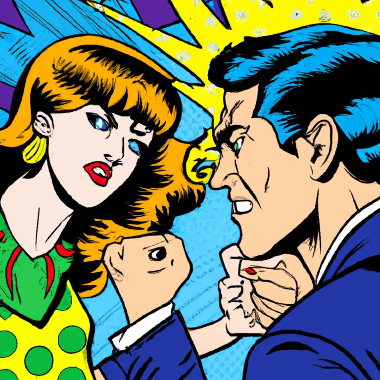 pop art love romance colorful 2d 60s retro dating couple "one image" fight mad angry