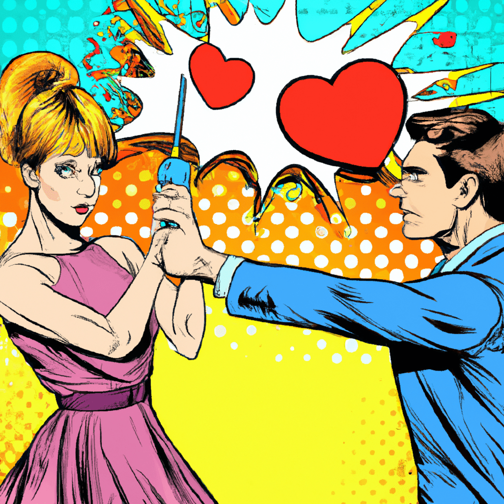 pop art love romance colorful 2d 60s retro dating couple "one image" fight mad angry